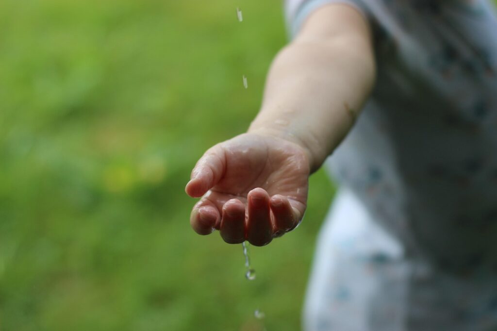 rain, water, nature, element, waterdrop, drops, close up, hand, child, water feature, to play, resource, sustainable, life, sustainability