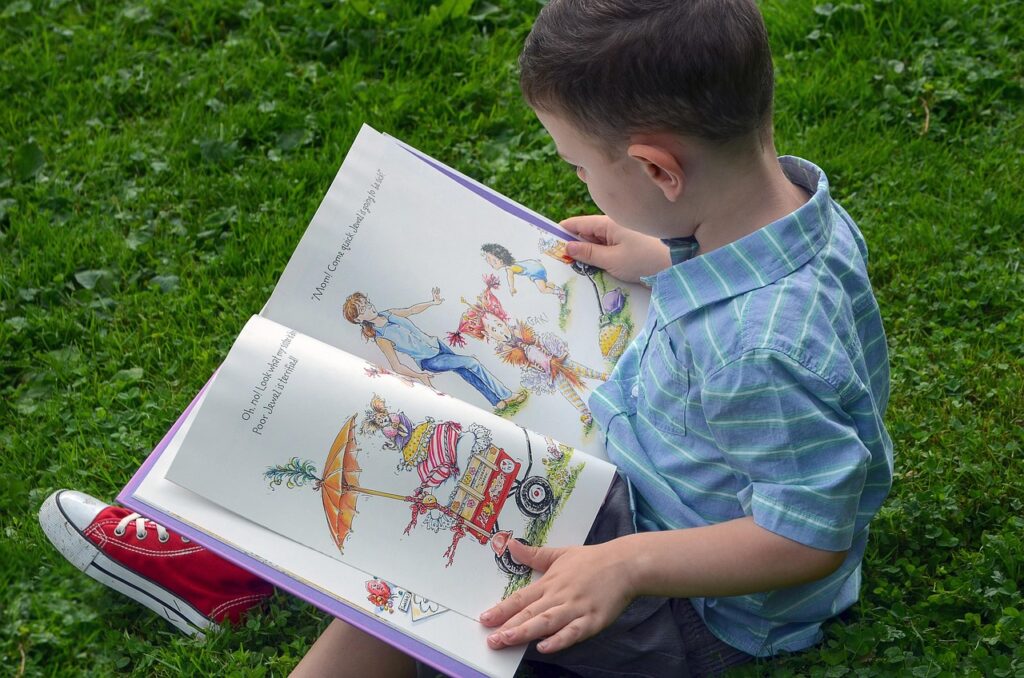 boy, child, male, young, reading, kid, cute, summer, book, curiosity, attentive, nature, pictures, children's book, childhood, adorable, green book, green books, green reading
